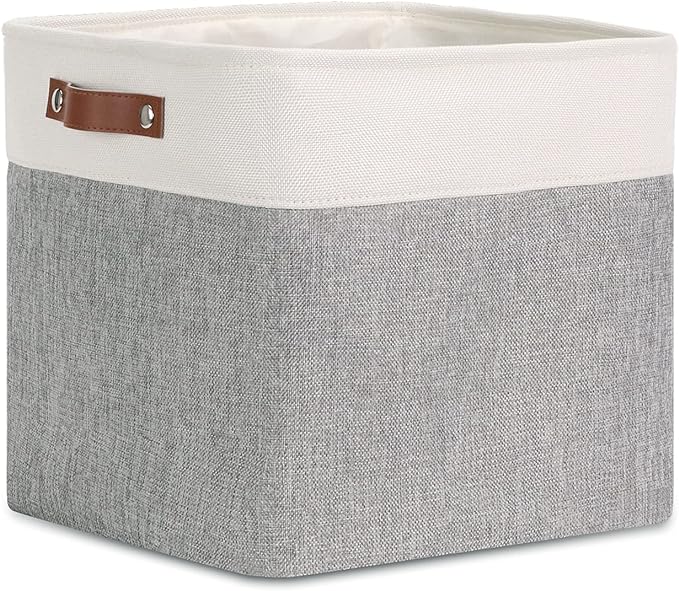 DULLEMELO Cube Basket for Storage, Collapsible Fabric Cube for Organizing, Storage Cube for Closet, Laundry, Nursery, Shelves, Decorative Basket for Gifts Empty (White&Gray)-NeatNest