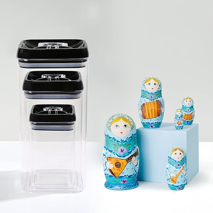Felli Flip Tite Storage Container with Lid 6" XL Air Tight Ring Lock Top, Clear Acrylic Canister Set for Kitchen, Pet Cat Dog Food Treats, 5 lb Flour Sugar Pantry Organizer (Nest-L, Black)-NeatNest