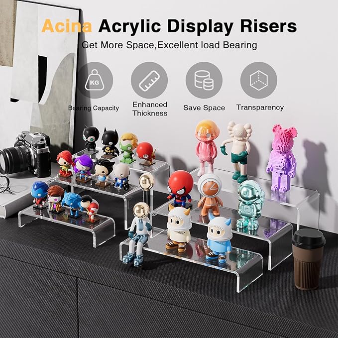 Acina Acrylic Display Risers Stand: 3Pcs 12" Large Acrylic Risers Thickened to 5mm Clear Rectangular Tiered Display Shelf for Cupcake Jewelry Gemstone Curio Figurines Collectibles-NeatNest