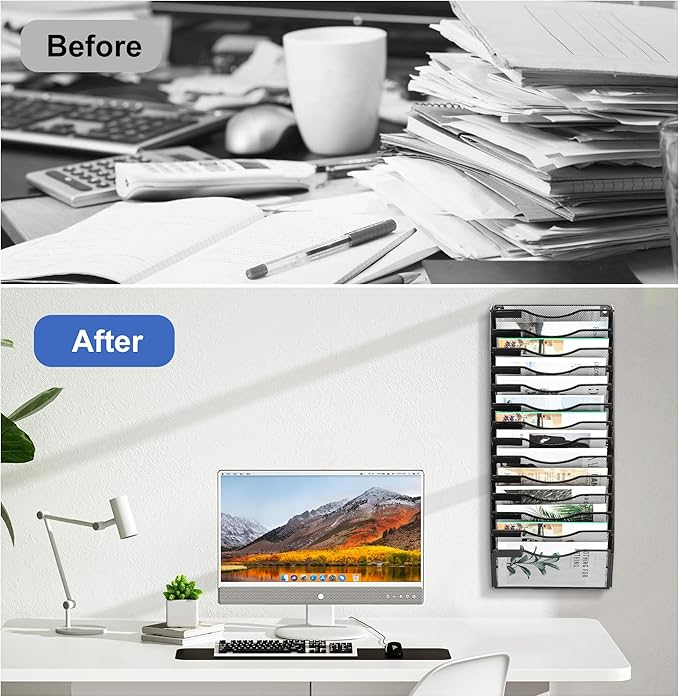 EasyPAG 14 Pocket Wall File Organizer, Black | Metal Mesh Wall Mounted File Holder | Assembly Hanging Mail Organizer | Replaceable Classify Labels | Office Home Letter Size Paper Storage