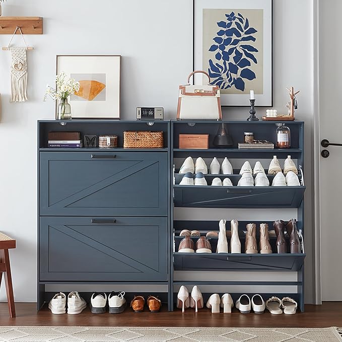 Shoe Storage Cabinet with 2 Flip Drawers,Farmhouse Narrow Shoe Organizer with Legs,Freestanding Hidden Slim Shoe Rack Cabinet with Open Storage for Entryway,Hallway, Foyer, Blue-NeatNest