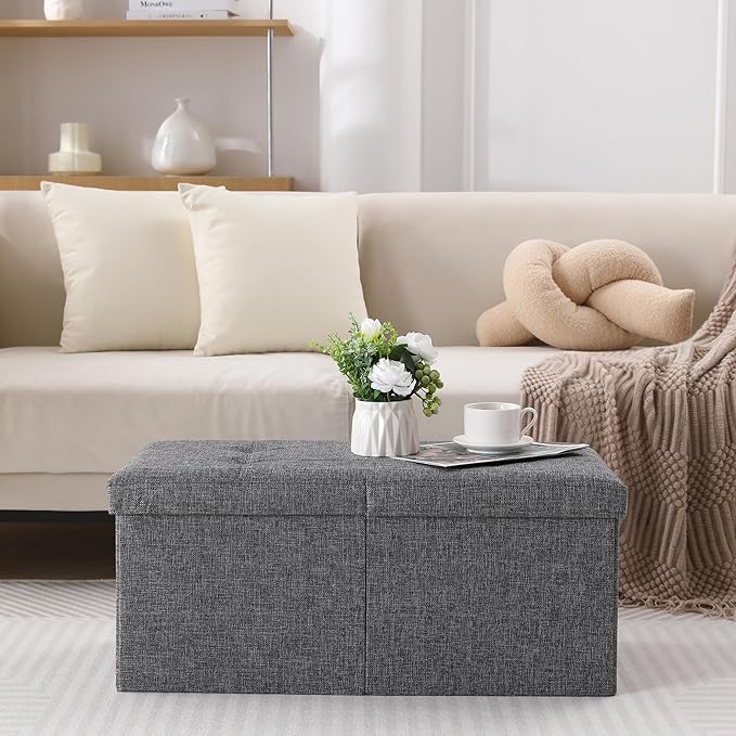 CUYOCA Storage Ottoman Bench Foldable Seat Footrest Shoe Bench End of Bed Storage with Flipping Lid, 75L Storage Space, 30 inches Linen Fabric Dark Grey-NeatNest