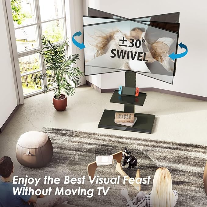 FITUEYES Floor TV Stands with Swivel TILT Mount for 32 39 40 43 49 50 55 60 65 70 75 Inch LCD LED TVs with Iron Base Adjustable Shelf Universal Television Stands for Bedroom and Living Room (Black)