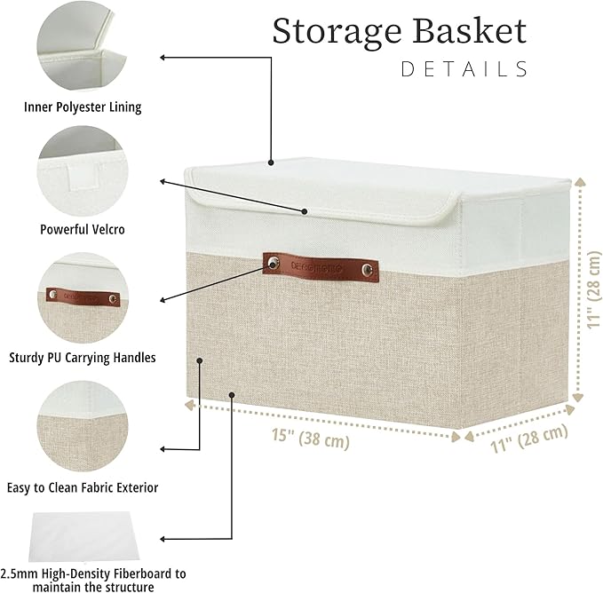DECOMOMO Fabric Storage Bins with Lid, Storage Baskets for Shelves Toy Box (Beige and White, 3 Pack)-NeatNest