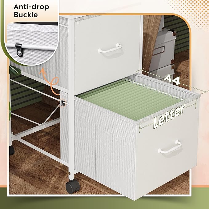 DEVAISE 2 Drawer Mobile File Cabinet, Rolling Printer Stand with Open Storage Shelf, Fabric Vertical Filing Cabinet fits A4 or Letter Size for Home Office, White-NeatNest