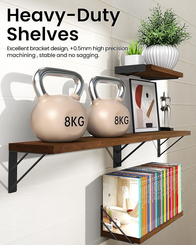 BAYKA Floating Shelves for Wall, Book Shelf for Bedroom, Decor Shelves for Living Room Kitchen, Mounted Wood Floating Shelf for Home Decor, Corner Shelf for Bathroom, Office(Walnut-Toned,Set of 4)-NeatNest