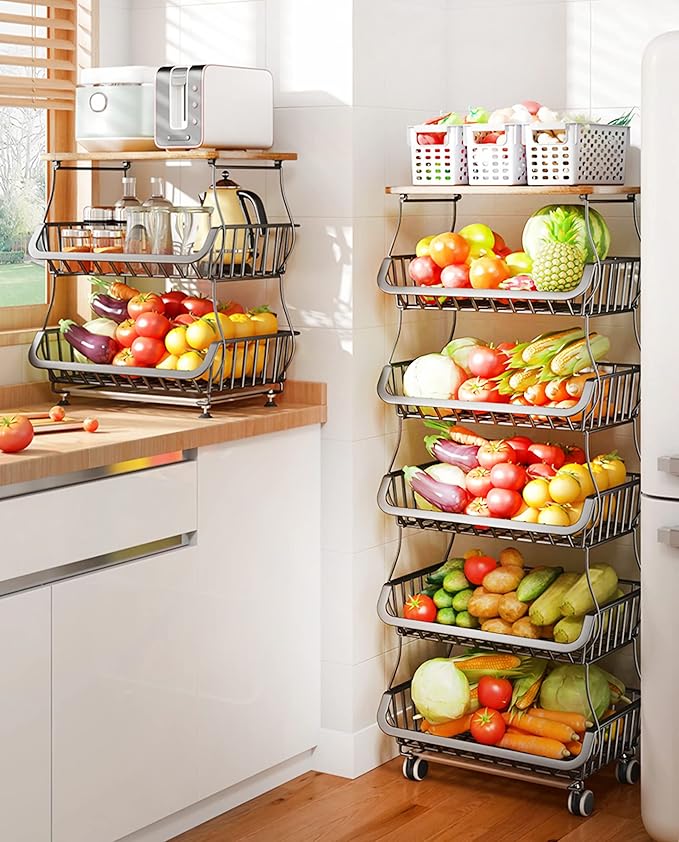 MURRI&MURRDI Fruit Vegetable Storage Basket with Wooden Lid, 6 Tier Stackable Wire Storage Baskets with Wheels Produce Basket Organizer for Kitchen Rack Storage Cart for Pantry (6 Black 6 Layer)