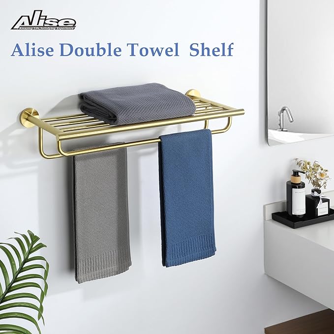 Alise 24 inch Towel Shelf with Double Towel Bars,Towel Rack for Bathroom,SUS 304 Stainless Steel Wall Mount Towel Holder Storage,Brushed Gold,GYT7060-G