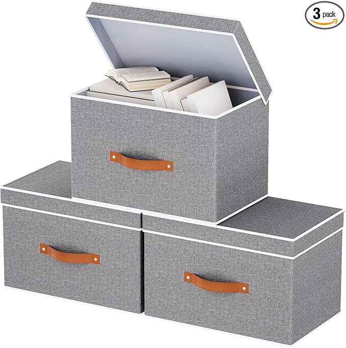 Fabric Storage Bins with Lids, Linen Foldable Clothes Boxes, Closet Organizer Containers with Double Handles, Baskets for Bedroom, Grey, 3 Pack, 13 x 9.1 x 7.9 Inch-NeatNest