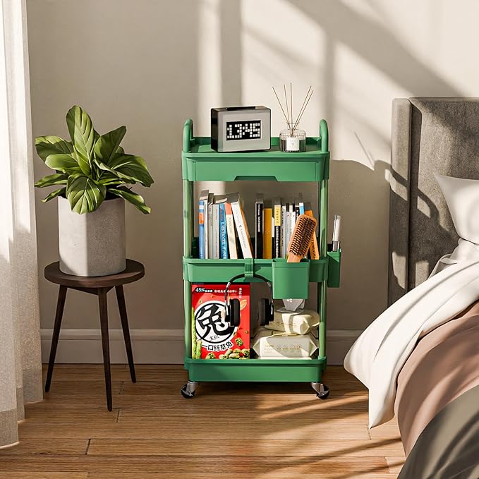 3 Tier Rolling Cart Organizer,Laundry Room Bathroom Organizers and Storage Office Shelves Mobile Shelving Unit Kitchen Trolley Cart with Wheels for Art,Craft,Diaper,Bedside,Snack(Green)-NeatNest