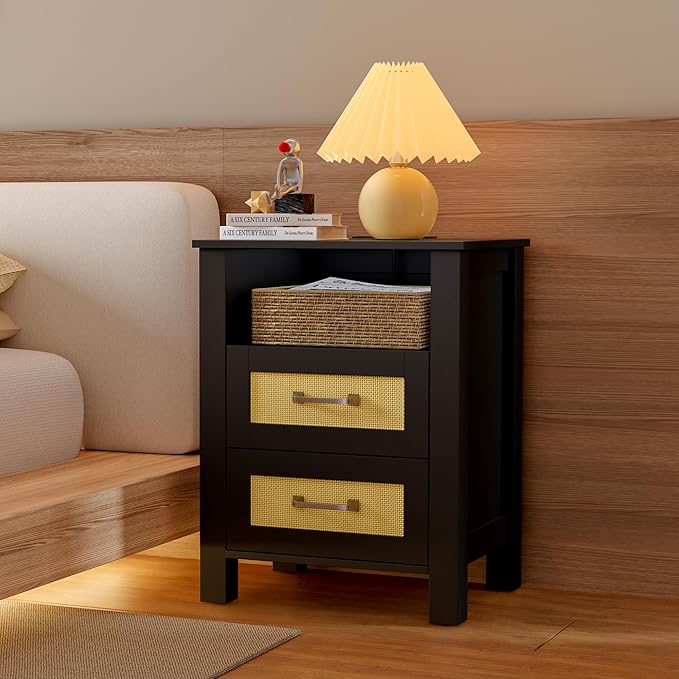 JUMMICO 26.18" End Table with Charging Station and Rattan Drawers, Farmhouse Nighstand, Wooden Storage Bedside Table, Living Room, Bedroom(1, Black Oak)