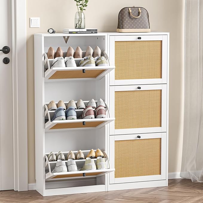 Rattan Shoe Cabinet with 3 Flip Drawers,Narrow Shoe Rack Cabinet with Adjustable Shelves,3 Tier Shoe Storage Organizer for Hallway,Entrance,White-NeatNest