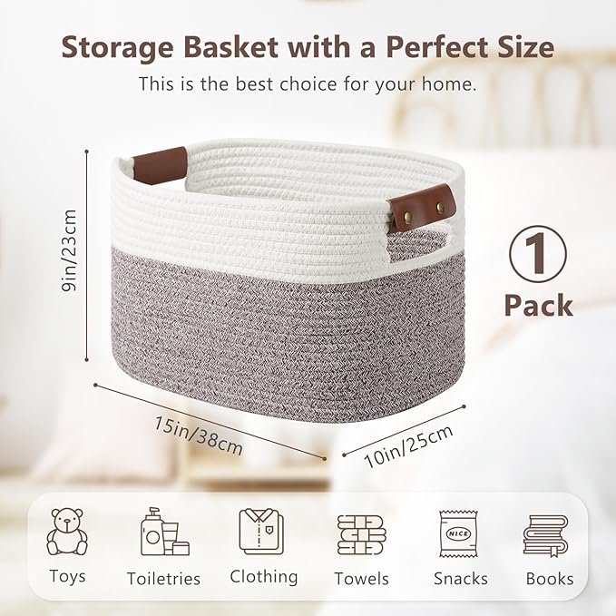 Cotton Rope Basket , Storage Baskets with Handle, 15x10x9 Inch Woven Basket for Shelves, Laundry, Towels, Clothes, Books, Toys (White Brown 1 Pack)-NeatNest