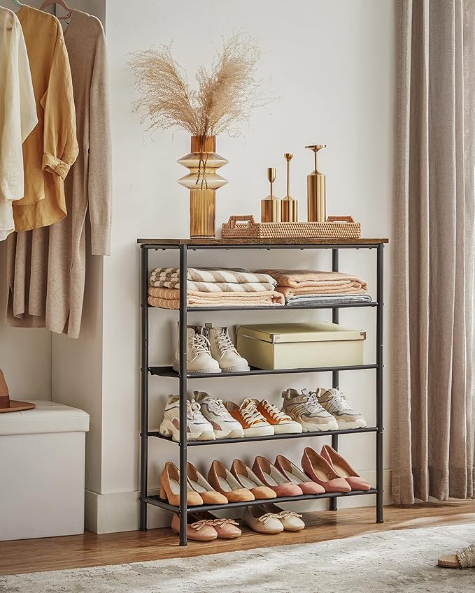 VASAGLE Shoe Rack, 5-Tier Shoe Storage Organizer for Entryway and Closet, Holds 12-16 Pairs of Shoes, 4 Fabric Shelves, Steel Frame, Industrial, Rustic Brown and Black ULBS036B01-NeatNest