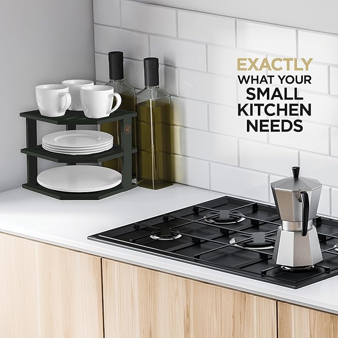 Cabinet Organizer Shelf - Bamboo Corner Rack for Kitchen Counter, Cabinet Space Saver for Plates, Dishes, Bowls, Bread Pantry, Bathroom Storage or Countertop Stand, Black-NeatNest