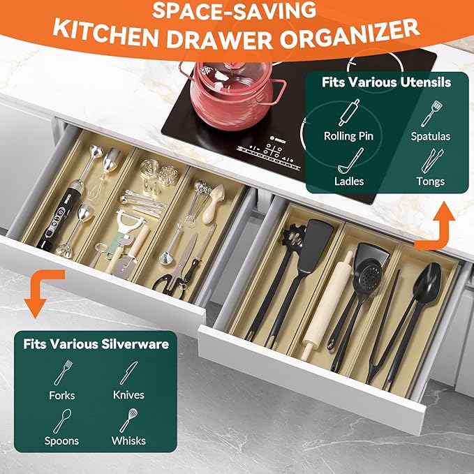 Bamboo Drawer Organizer - Extra Large Silverware & Utensil Organizer, 2 Pcs Toilet Toppers, Wooden Toilet Paper Basket (Gold, 17 X 6 X 2 Inch)-NeatNest
