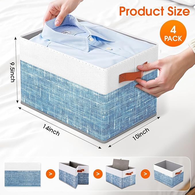Fab totes Collapsible Storage Baskets for Shelves,14"x10", 4 Pack Foldable Fabric Storage Bins with Double Leather Handles, Large Baskets for Organizing Books, Clothes, White & Blue
