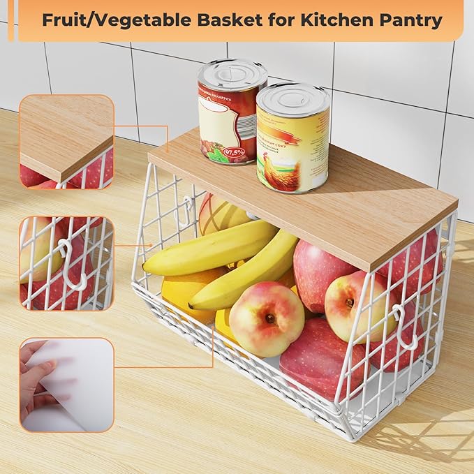 White Fruit Bowl Wire Basket Storage Pantry Fruit and Vegetable Storage Fruit Basket for Kitchen Counter Stackable Wall Mounted Hanging Basket Wire Basket with Wood Lid with Hanger Hooks