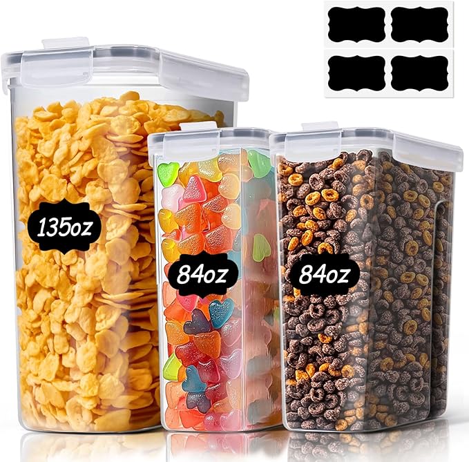3 PCS Cereal Storage Containers Set, Airtight Food Containers with lid for Rice Pet food, Medium & Small Cereal Dispenser for Kitchen Pantry Organization (135.2oz/4L + 84.5oz/2.5L×2)