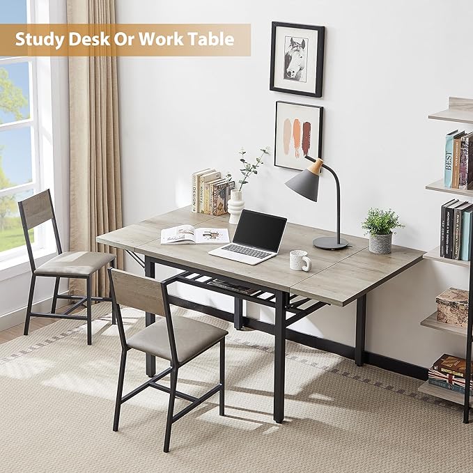 63.2" Folding Dining Table for 4-6 People, Drop Leaf Table with Storage Rack Extendable Kitchen Dinner Table for Small Spaces (Grey)-NeatNest