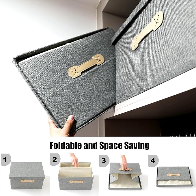 Enzk&Unity Decorative Storage Boxes with Lids, 3 Pack Grey Fabric Storage Bins with Handle, Foldbale and Stackable Storage Boxes for Shelf, Closet, Bedroom, Living Room-NeatNest