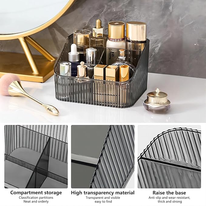 DASITON Large Capacity Makeup Brush Holder,5 Slot Makeup Brush Cup,Vintage striped Make Up Brush Holder,for Vanity Decor,Bathroom Countertops,Desk Storage Container,Cosmetic Display cases(Black-L)-NeatNest