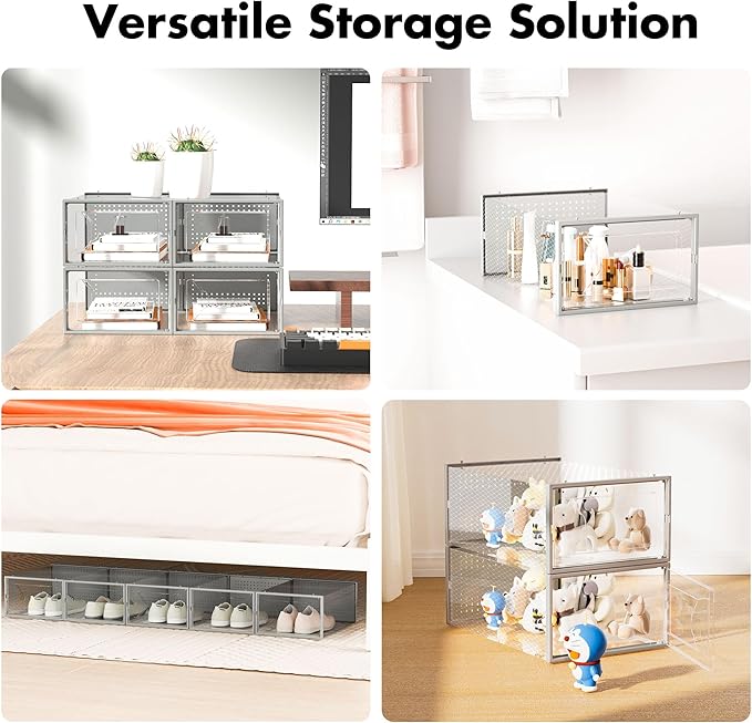 Shoe Storage Box, 15 Pack Clear Plastic Stackable Shoe Organizer for Closet, Interlocking Design Shoe Container Bins for Sneakers, Foldable Shoe Rack with Lids, Gray-NeatNest