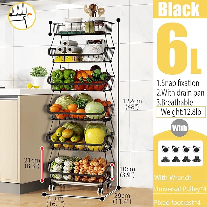 MURRI&MURRDI Fruit Vegetable Storage Baskets with Wheels, 6 Tier Stackable Wire Storage Baskets with Wheels Produce Basket for Kitchen Rack Storage Cart for Pantry Snack Cart (A Black 6 Layer)
