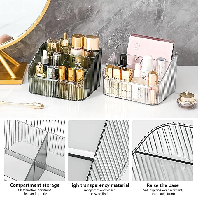 DASITON Large Capacity Makeup Brush Holder,5 Slot Makeup Brush Cup,Vintage striped Make Up Brush Holder,for Vanity Decor,Bathroom Countertops,Desk Storage Container,Cosmetic Display cases(Clear-L)-NeatNest