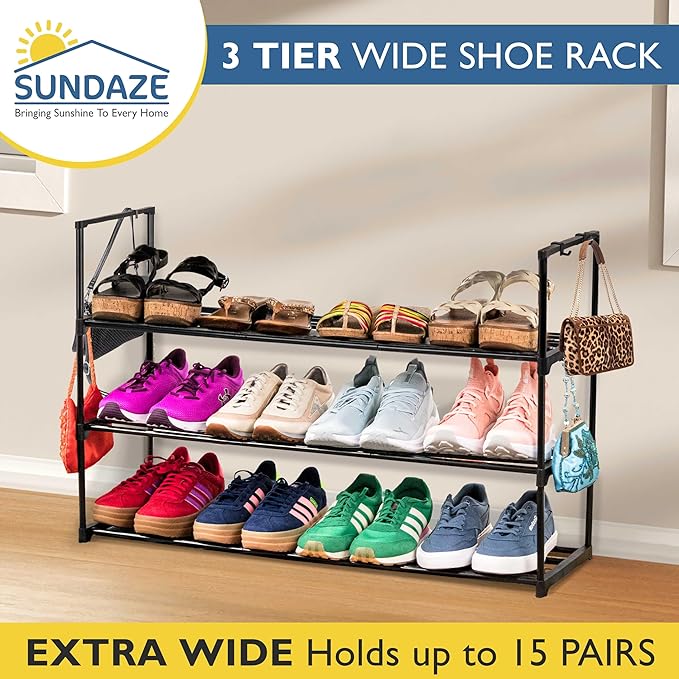 Sundaze Shoe Rack - 3 Tier Metal Shoe Rack for Front Door Entrance, Sturdy Long Shoe Organizer for Closet, Bedroom, Entryway, Garage, Black Metal Shoe Shelf, Holds Up to 15 Pairs-NeatNest