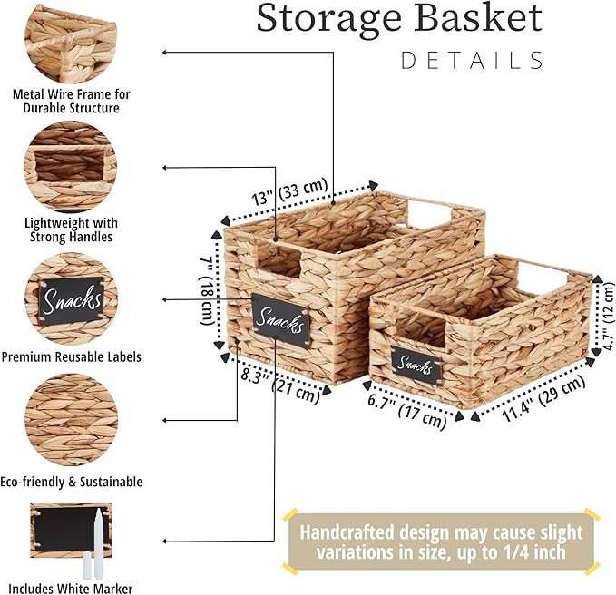 DECOMOMO Wicker Storage Baskets, Handwoven Pantry Baskets, Water Hyacinth Storage Baskets w/Chalkboard and Marker (Natural, Set of 2)-NeatNest