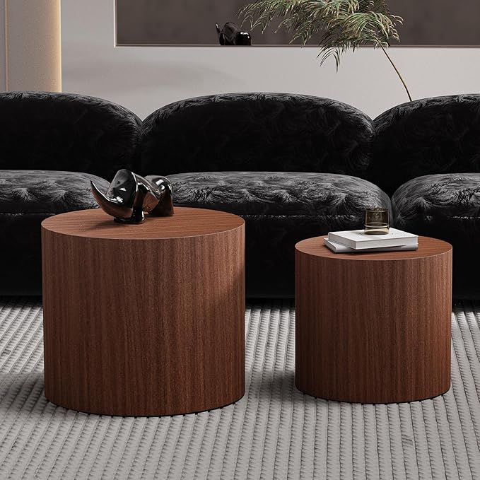 Round Nesting Coffee Table Set of 2 Walnut Round Drum Fluted Coffee Tables for Small Space Modern Stacking Nesting Tables Minimalist Circle Center Table 2 Piece for Living Room (Dark Wood)