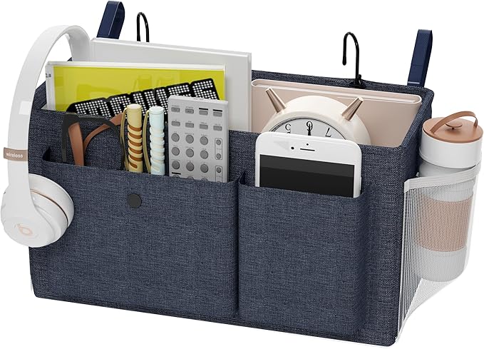 Bedside Caddy Bedside Organizer with Fixed Straps & Water Bottle Holder, Bunk Bed Caddy ideal for Home, Dorm, Hospital, Crib, Versatile Bedside Storage Solution (Navy)-NeatNest