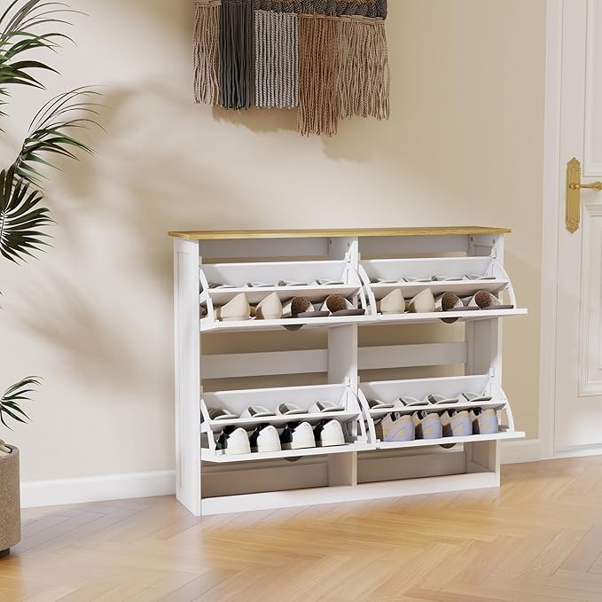 RASOO Shoe Storage Cabinet with 4 Flip Drawers, Freestanding Farmhouse Shoes Organizer Cabinets for Entryway Slim Shoe Rack Cabinet with Adjustable Shelf & Anti-Tipping, White-NeatNest