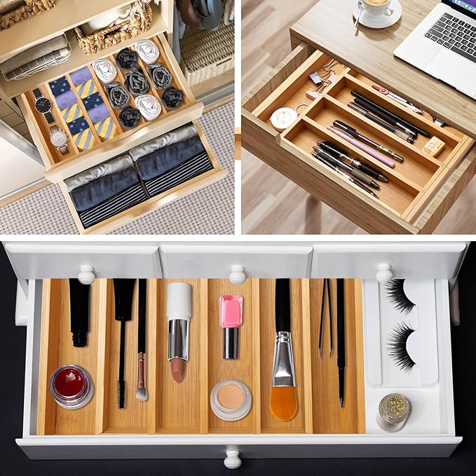 Expandable Large Utensil Drawer Organizer Cutlery Tray Bamboo Kitchen Silverware Organizer Cooking Utensil Tray Holder Adjustable Wooden Flatware Organizer for Drawer Spoon Fork Silverware Tray-NeatNest