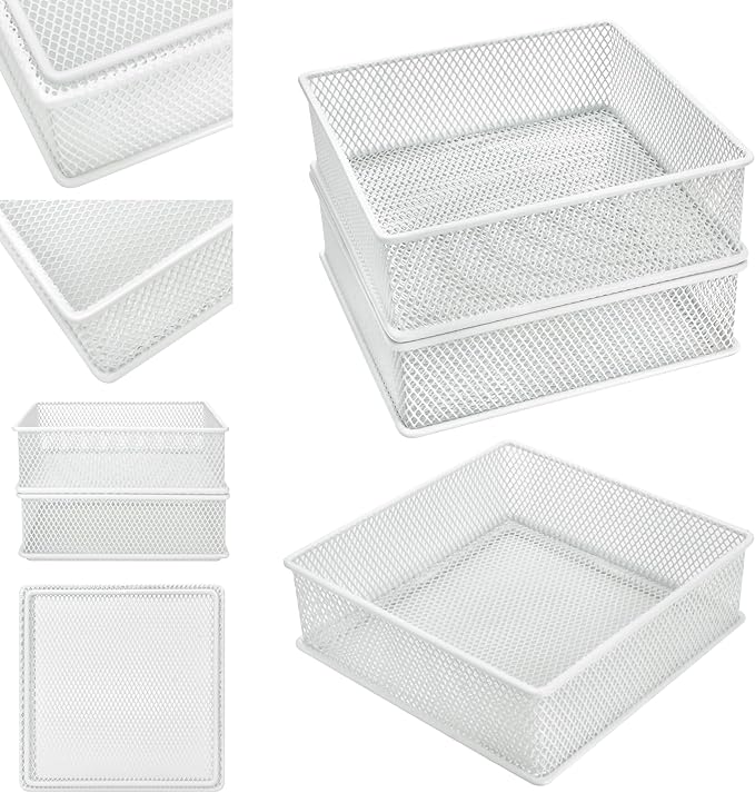 Annova Mesh Stackable Drawer Cabinet and Shelf Organizer Bins Storage Basket School Office Supply Holder Tray- Set of 2 (White, 6x6x2 Inch)-NeatNest