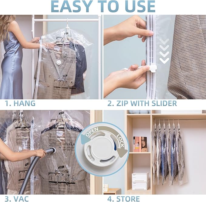 Hanging Vacuum Storage Bags, 6 Pack (41.3 x27.6 inch), Vacuum Seal Bags for Clothing, Garment Bags for Short Clothses, Jacket, Suits, Dresses, Closet Organizer Space Saving-NeatNest