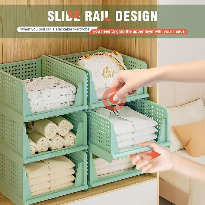 Closet Organizer, 4 Pack Stackable Storage Bins for Closet Shelves, Plastic Storage Drawers Basket Weekly Clothes Organizer for Kids(4L)(Green)