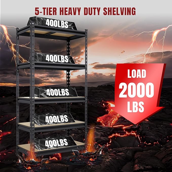 BIG RED 5 Tier Heavy Duty Garage Storage Shelving: Adjustable Metal Utility Shelving Rack for Garage, Basement, Pantry, Closet - 2,000lb Capacity (72"x36"x18") Black-NeatNest