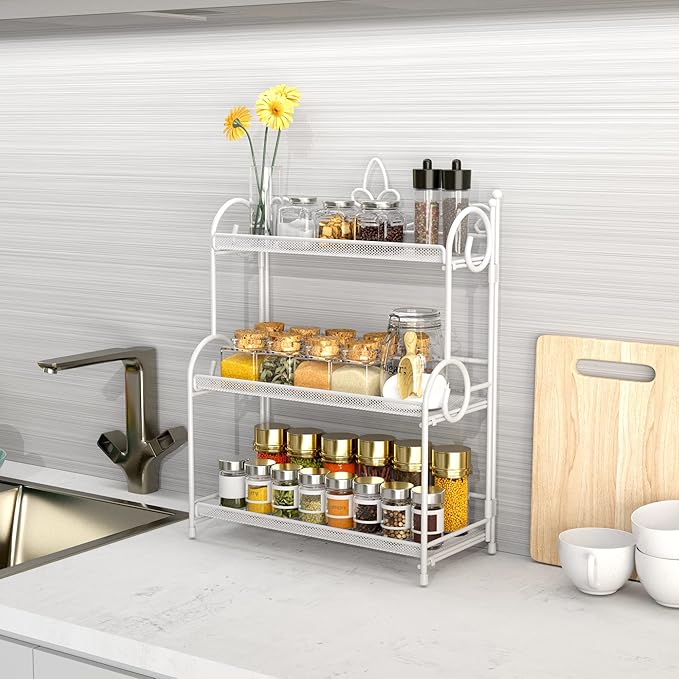 Bathroom Counter Organizer - Spice Rack Countertop 3 Tier Counter Shelf Organizer for Bathroom Kitchen Bedroom Foldable White-NeatNest