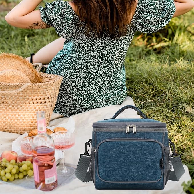 FlowFly Insulated Reusable Lunch Bag Adult Large Lunch Box for Women and Men with Adjustable Shoulder Strap,Front Zipper Pocket and Dual Large Mesh Side Pockets,Royal-NeatNest