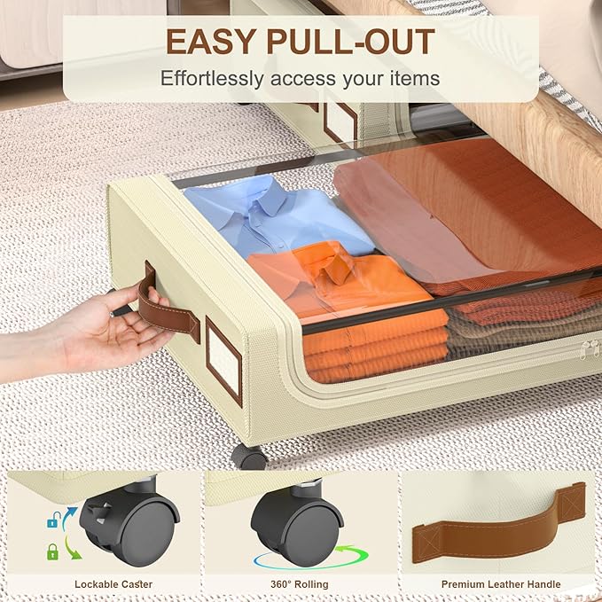 GoMaihe Under Bed Storage with Wheels: XXL Underbed Storage Containers with Lids - Rolling Bins for Shoes Clothes in Dorm Bedroom - Metal Drawers Easy Pull-out Beige 4-Pack-NeatNest