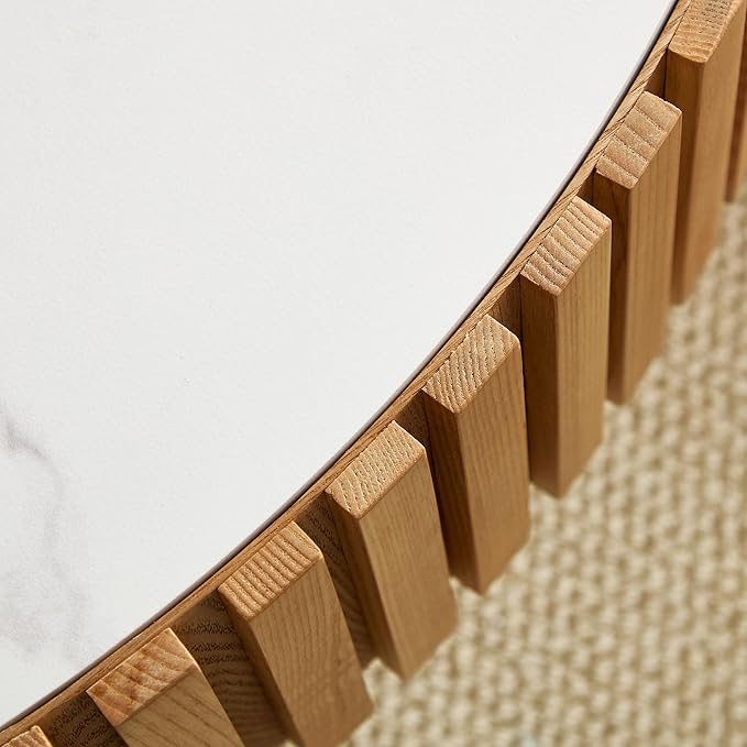 35.43'' Round Wood Coffee Table Marble Circle Coffee Table for Living Room Fluted Center Table with Pedestal Accent Tea Table Apartment Office, Oak