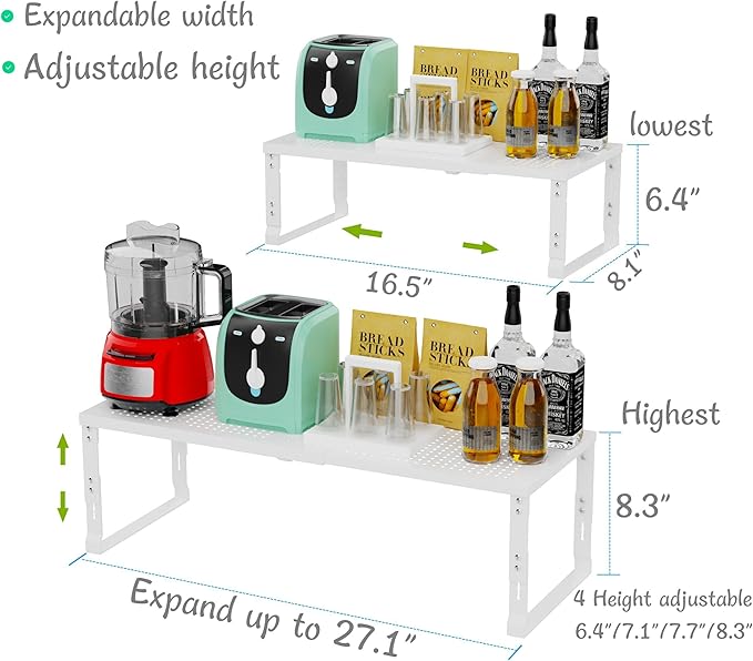 Adjustable Expanable Stackable Spice Rack Shelf Pantry Storage Organizer for Kitchen Cabinet,Countertop,Bathroom and More.Space is no Longer Limited(2Packs/White/Medium)-NeatNest
