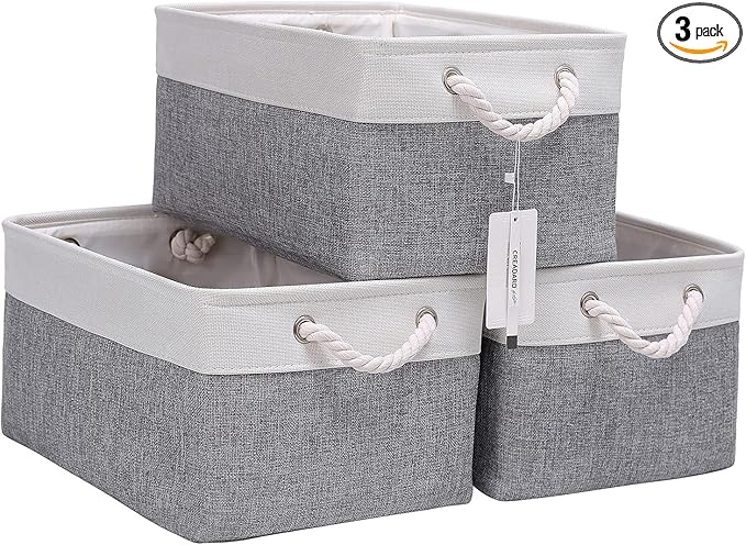 Fabric Storage Basket Set of 3, Foldable Linen Storage Box for Nursery and Home, Collapsible Canvas Shelf Basket for Wardrobe or Bedroom, Grey and White