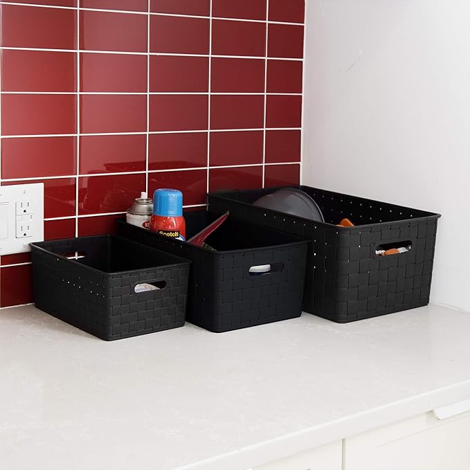BINO Plastic Basket, Medium - Black, 4 Pack, The Stable Collection, Multi-Use Storage Basket, Rectangular Cabinet Organizer, Home & Office Storage Organizer, Baskets for Bathroom Organizing-NeatNest