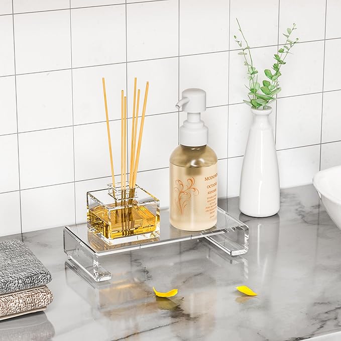 Acrylic Tray Pedestal Stand Bathroom Décor, Crystal Clear Display Risers Kitchen Resist Dirt and Moisture, Soap Dish Holder for Counter, Sink, Vanity, 8.66'' x 3.9''