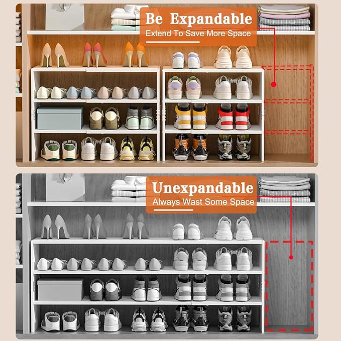 White Shoe Rack Organizer for Closet, 3-Tier Expandable Shoe Shelf, Stackable Iron Wood Combination Shoe Racks Shelves for Closets, Entryway,Small Space,Hallway,Garage,Holds 8-16 Pairs of Shoes-NeatNest