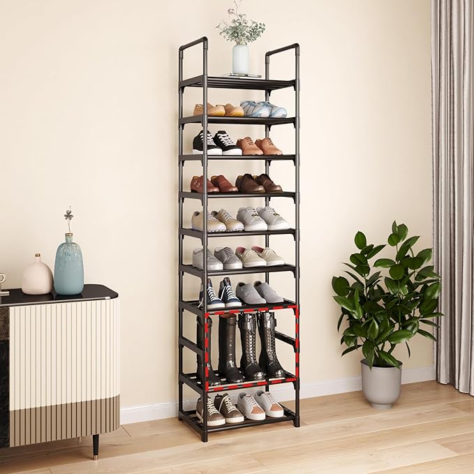 10 Tier Tall Shoe Rack Organizer 20-25 Pairs Shoe Tower Shelf,Metal Shoe Storage,Lager Shoe Storage for Closet Entryway(Black)-NeatNest