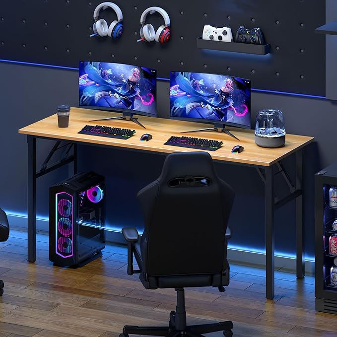 DlandHome Computer Desk, 59.8Inch Office Desk Computer Table, Study Writing Study Desk for Home Office, Teak and Black-NeatNest